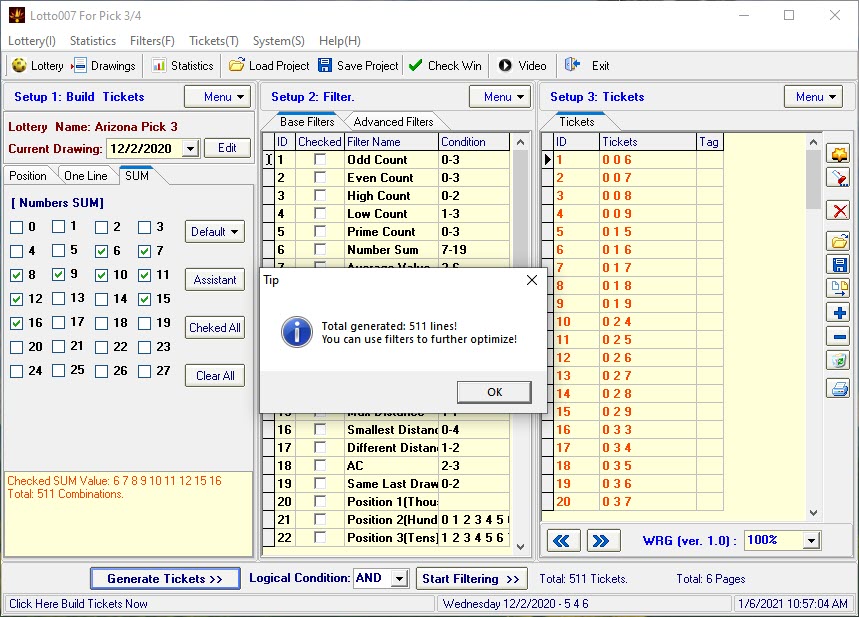 Lotto007 For Pick 3 Pick 4 using sums to generate combinations